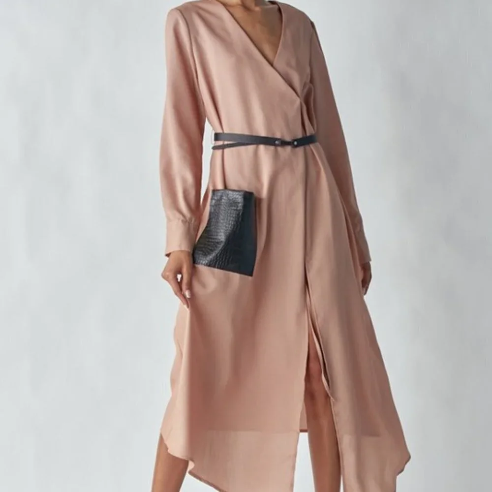Belted Midi Dress w/ Faux Leather Pocket and Belt | Long Sleeve